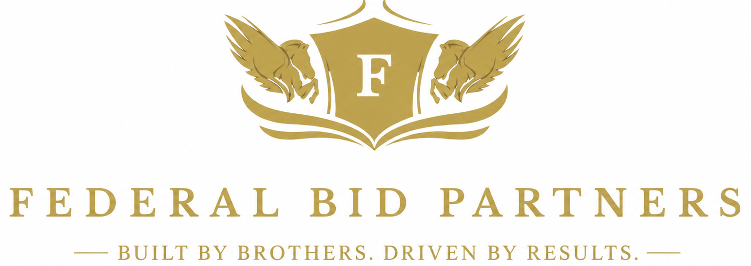 Federal Bid Partners logo with gold wings, shield, and a banner reading “Built by Brothers, Driven by Results.”
