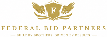 Federal Bid Partners logo with gold wings, shield, and a banner reading “Built by Brothers, Driven by Results.”