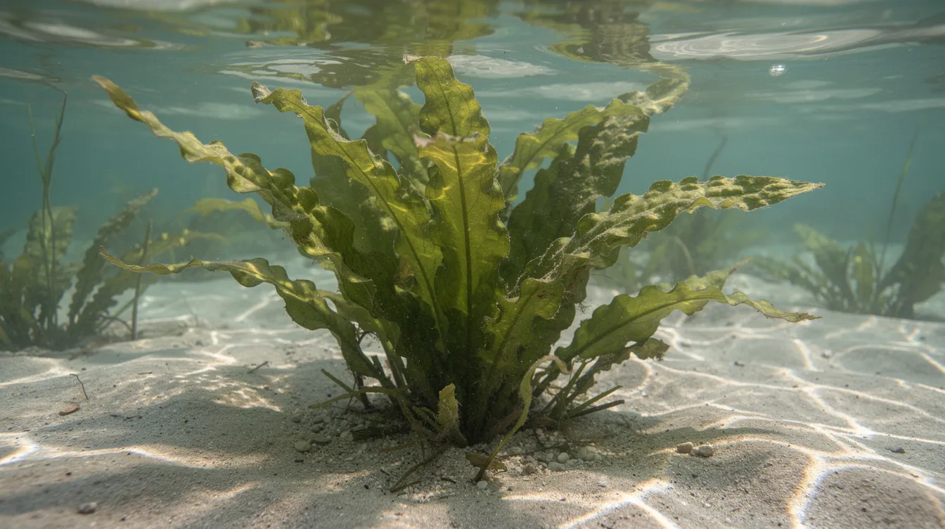 The image shows a submerged aquatic plant, specifically curly leaf pondweed, with wavy, crinkled leaves growing along the lake bottom in clear water. This invasive aquatic plant has a distinctive appearance and can impact water quality and biodiversity in small ponds.