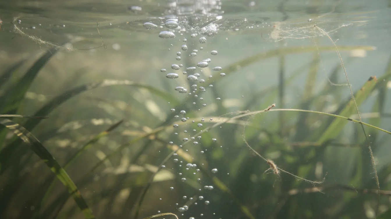 The image shows small aeration bubbles rising through clear pond water, surrounded by lush aquatic plants, highlighting the importance of water quality in natural ecosystems. This scene reflects the principles of smart water management and environmental engineering, emphasizing the need for sustainable practices in maintaining healthy water systems.