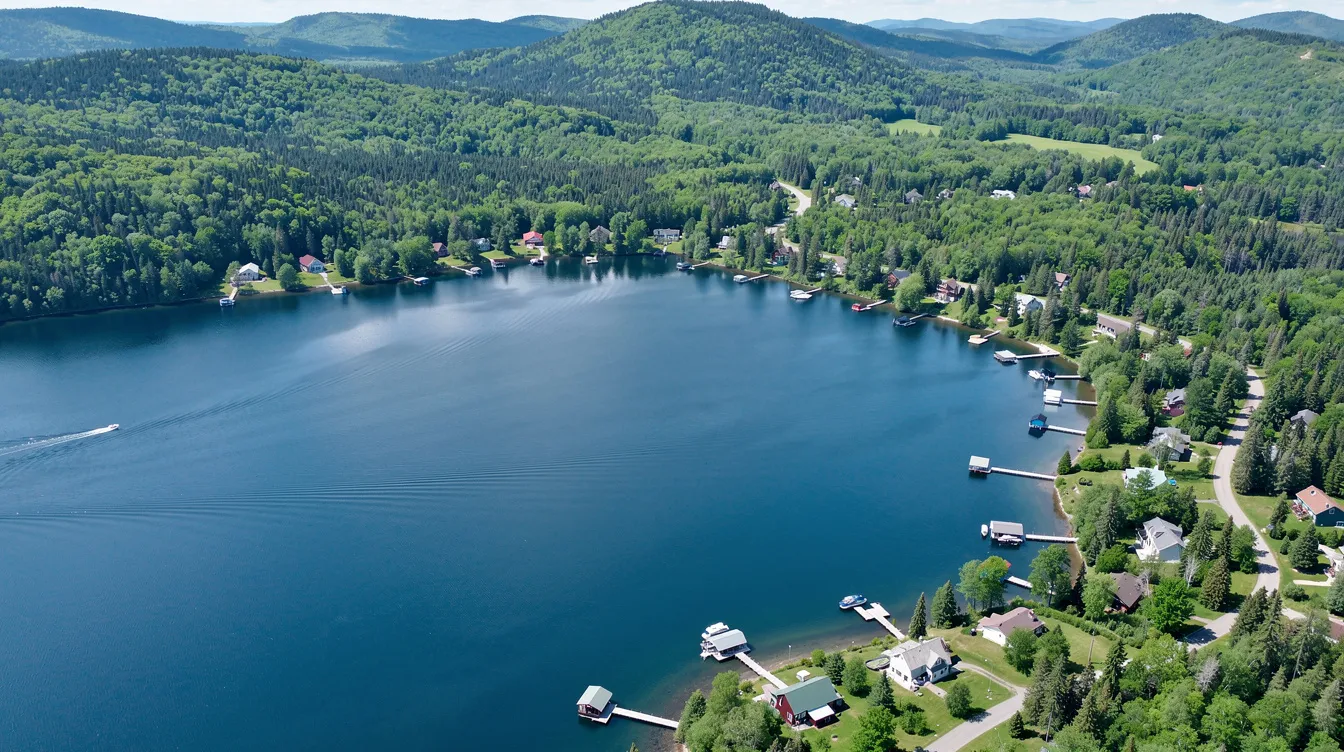 Aerial view of a blue lake surrounded by green forest and lakeside homes on a sunny day