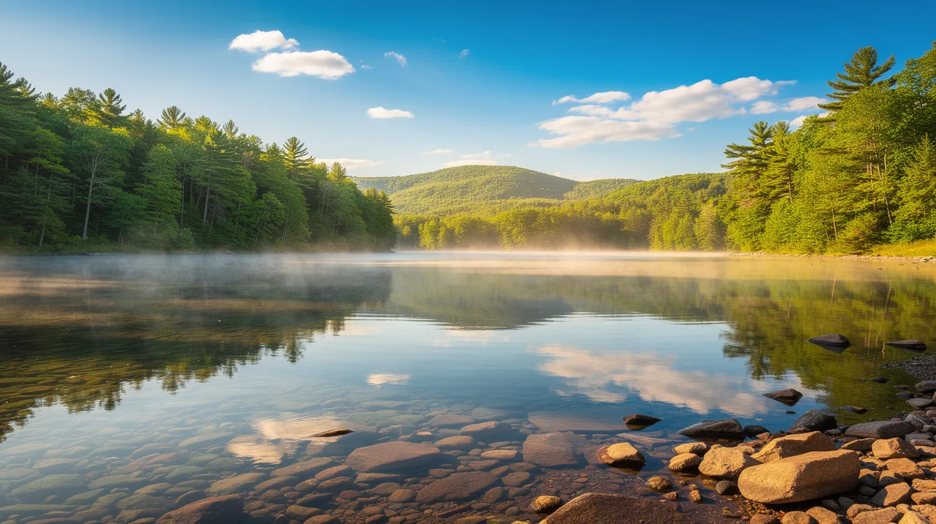 The image depicts a pristine lake in New York, showcasing clear blue waters surrounded by lush greenery, ideal for recreational activities and wildlife habitat. This scene highlights the importance of effective lake and pond management services to maintain water quality and ensure a healthy ecosystem.