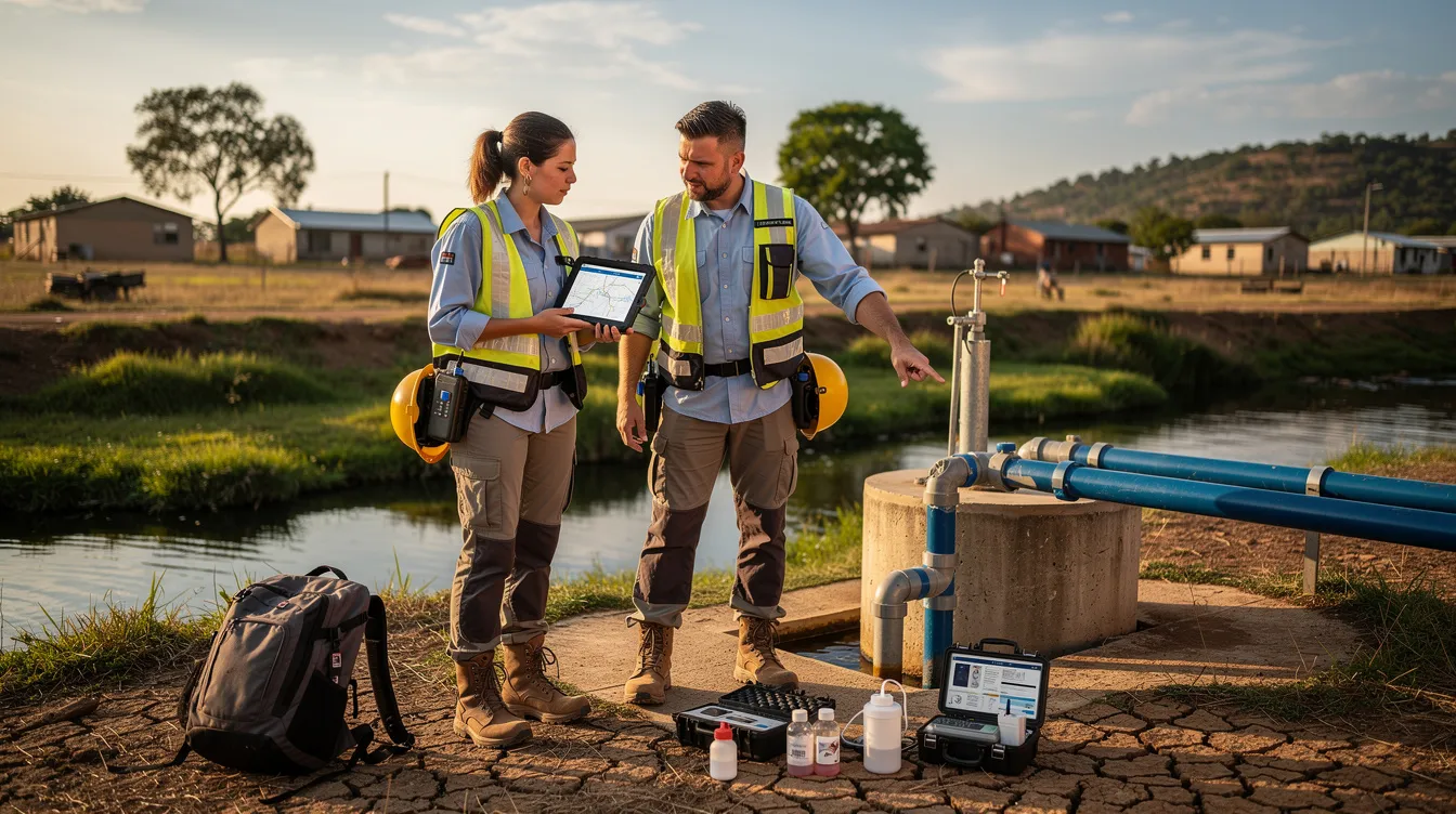 Two utility workers in high-visibility gear inspecting equipment beside a canal at sunset