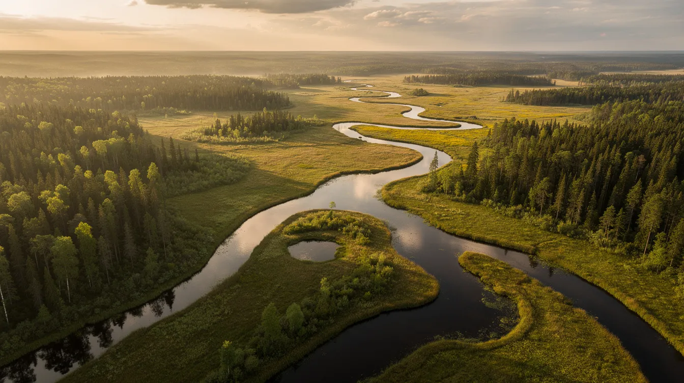 Winding river through green forest at sunset, with warm golden light over the landscape