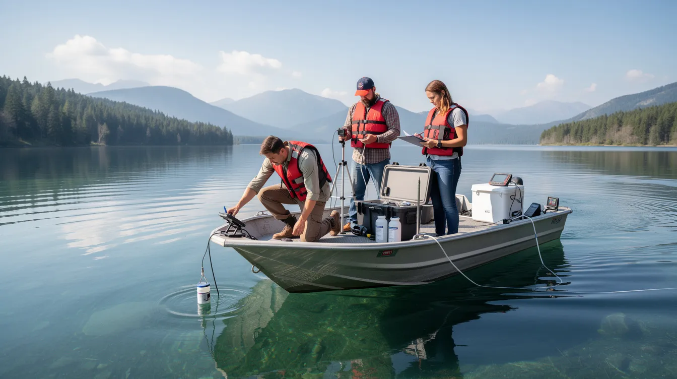 A professional team is conducting water quality testing from a boat on a clear lake, surrounded by lush vegetation and aquatic plants. This assessment aims to identify and control aquatic weeds that can affect the health of the water body and its wildlife.