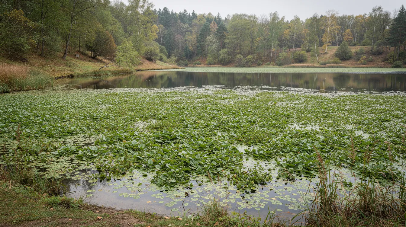 The image depicts a tranquil lake cove completely covered with dense mats of floating green aquatic invasive plants, blocking the water surface and threatening the biodiversity of the aquatic ecosystem. This infestation of invasive aquatic species can significantly impact water quality and the health of native species in the habitat.