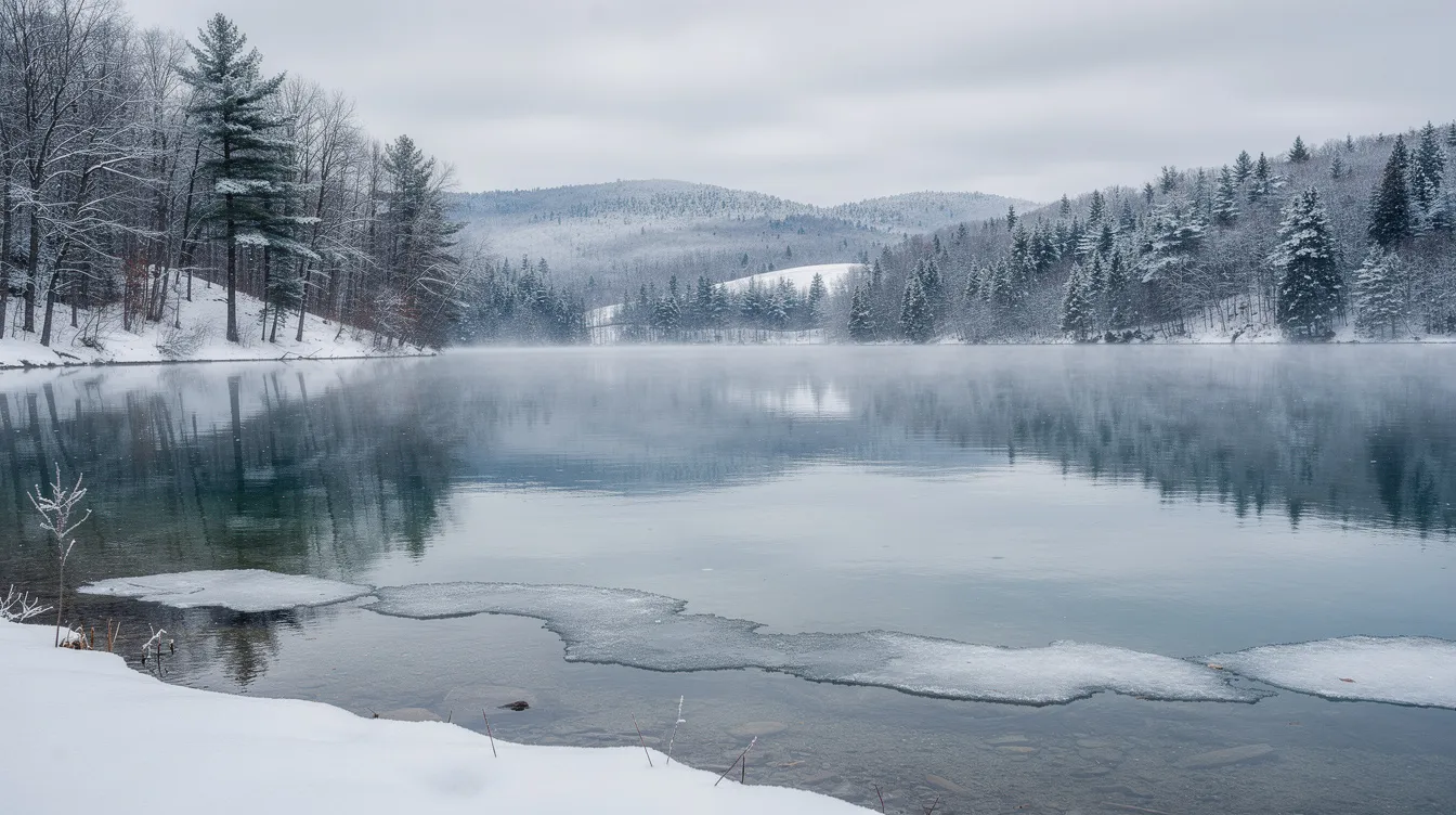 The image depicts a serene, clear lake in Vermont during winter, surrounded by snow-covered trees and a tranquil atmosphere. The still water reflects the icy landscape, creating a peaceful scene devoid of aquatic plants, which are typically found in warmer seasons.