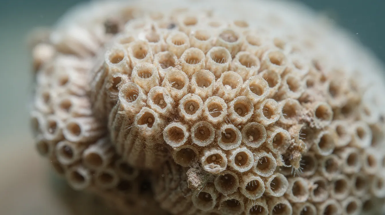 This close-up macro photograph showcases a colony of bryozoans, highlighting the tiny chamber-like openings on the surface where individual zooids reside. These colonial animals, also known as moss animals, exhibit intricate structures that are essential for their feeding and reproduction.