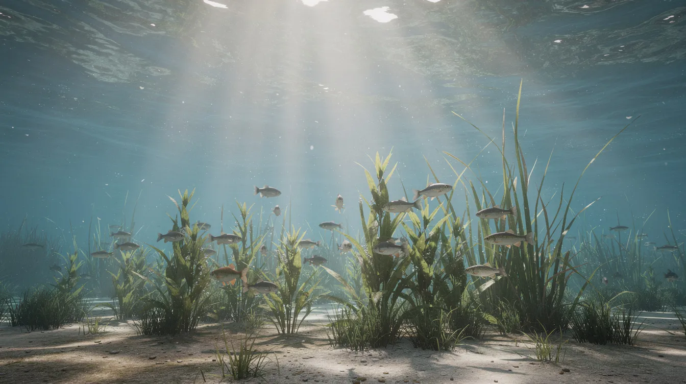 Underwater seagrass meadow with sunlight streaming through clear blue water