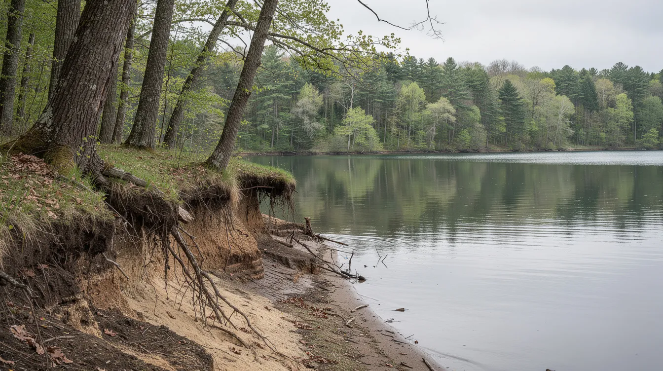 Sandy riverbank beside a calm lake with trees leaning over the water on an overcast day