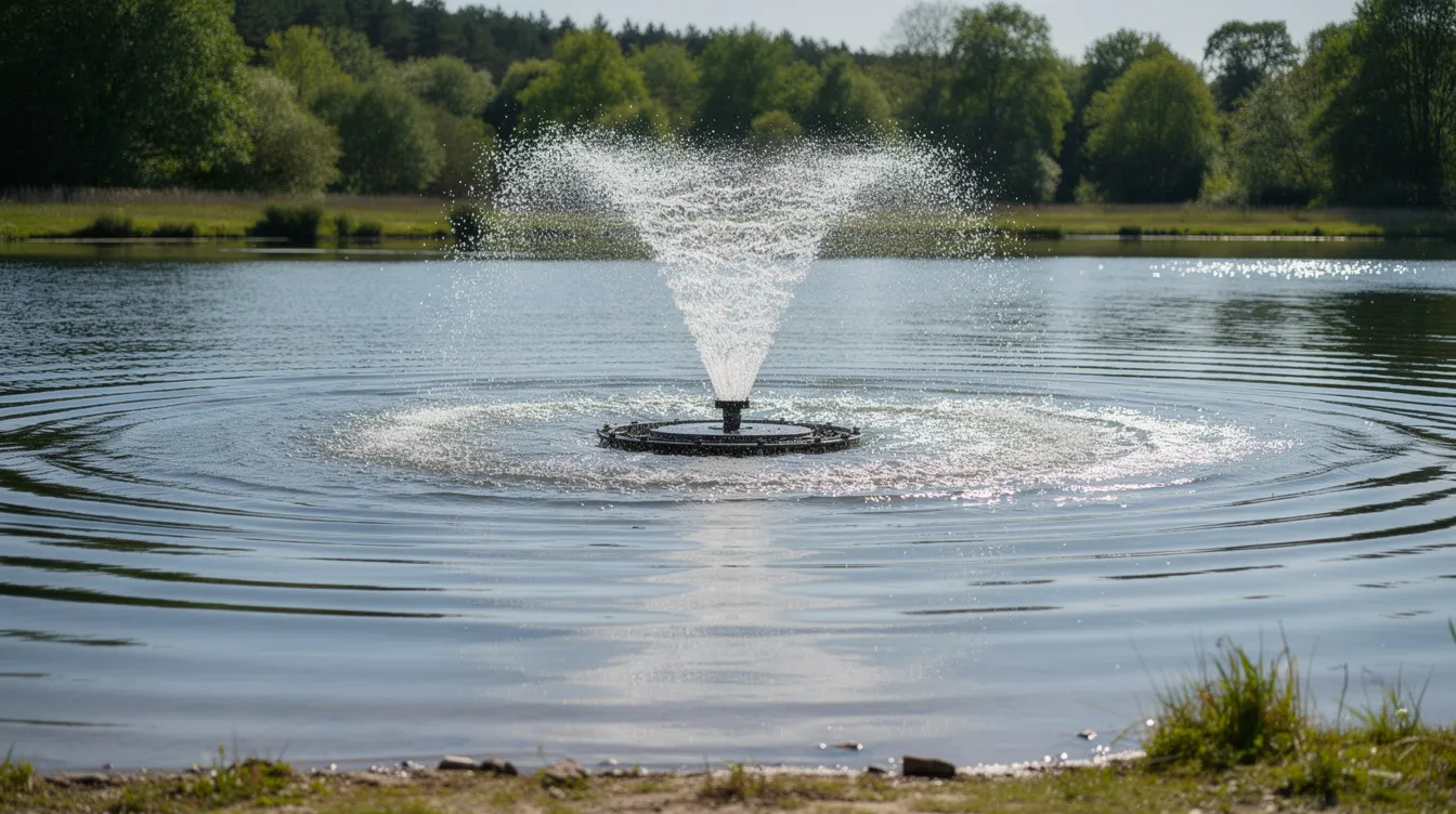 A fountain aerator is actively circulating water in a small lake, promoting water quality and supporting aquatic plant management efforts. This device is an essential part of a lake management plan, helping to enhance the overall health of the water body and its ecosystem.