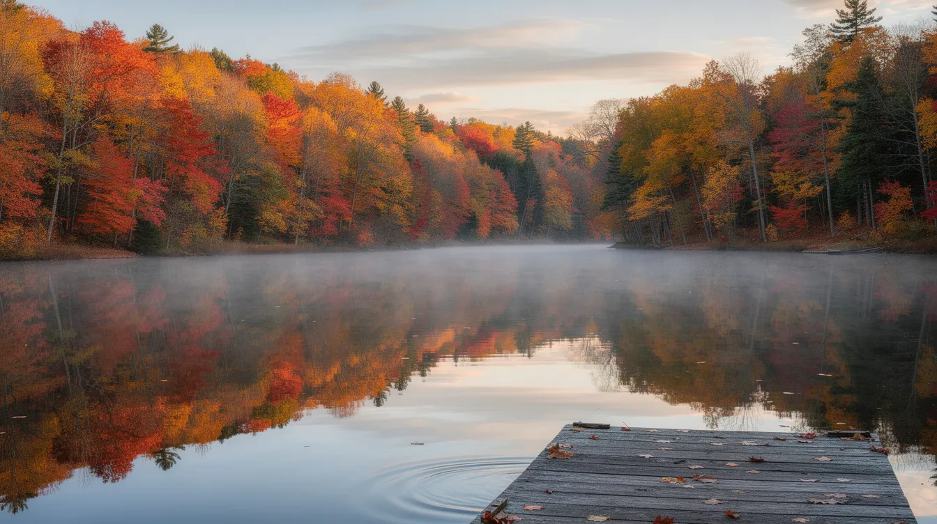 The image depicts a tranquil northeastern lake surrounded by vibrant autumn foliage, with the colorful trees reflecting on the calm water. A wooden dock extends into the lake, framed by a lush forest, creating a serene and picturesque natural scene.
