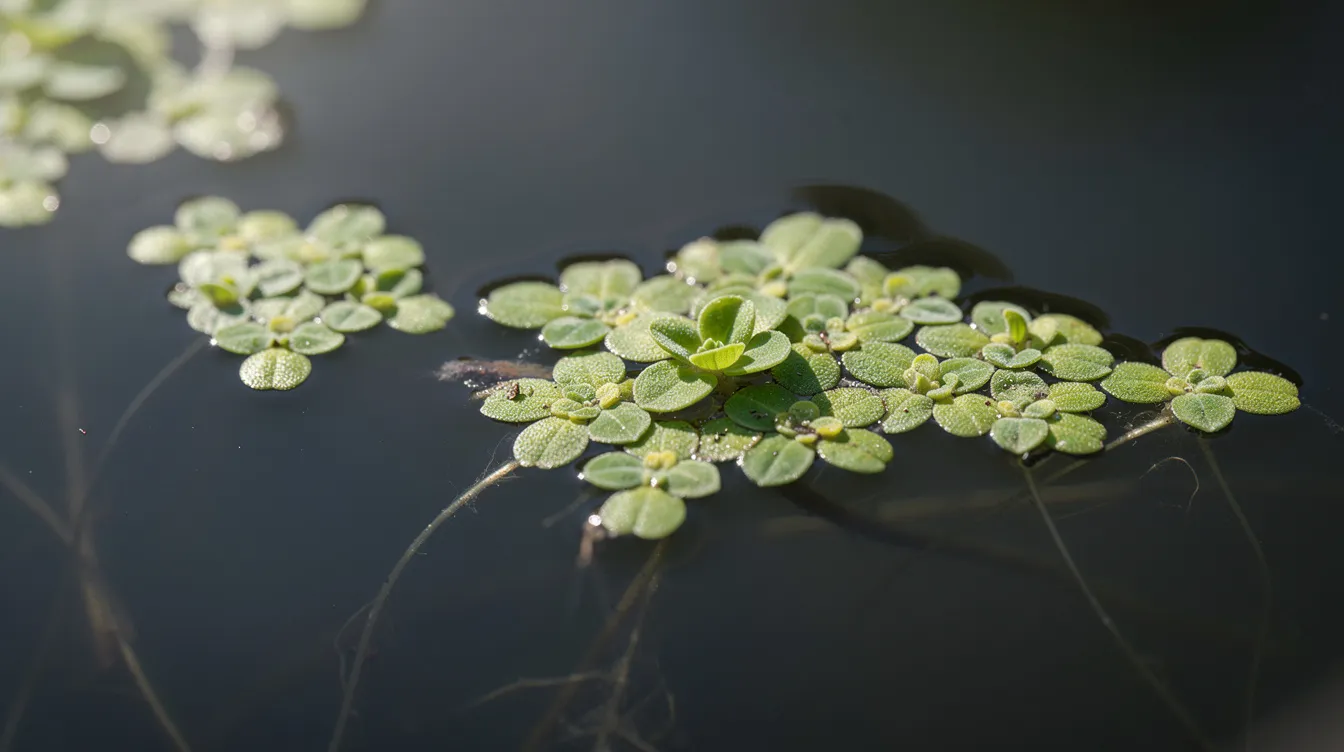 A cluster of light green aquatic plants with small, round leaves floats on the surface of dark, calm water.