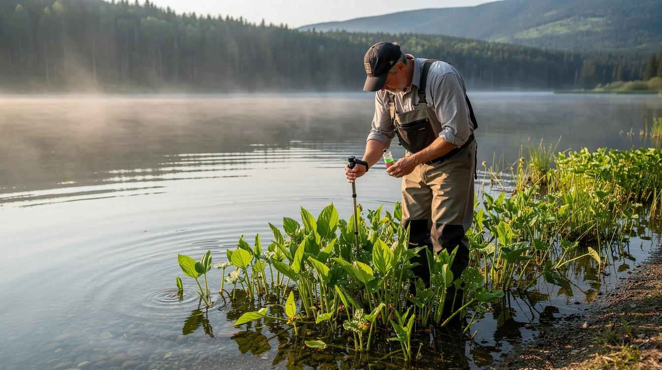 A professional in waders stands in shallow lake water, examining green aquatic plants with a handheld tool, highlighting the importance of identifying and managing invasive aquatic species that threaten local ecosystems and biodiversity. The scene captures the individual’s focus on controlling invasive aquatic plants to protect native species and maintain healthy aquatic habitats.