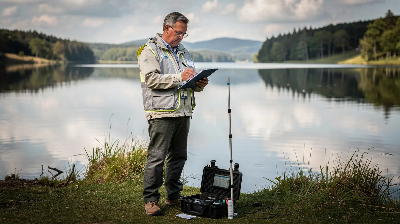 A lake manager stands by a serene lake, focused on creating a report that addresses various aspects of lake and pond management. The scene reflects their commitment to water quality monitoring and the unique challenges faced in maintaining healthy aquatic habitats for recreational activities.