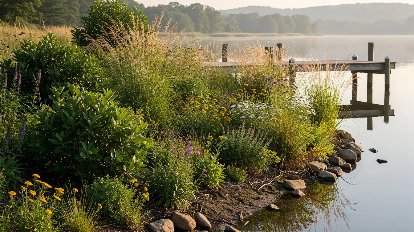 The image features a vibrant buffer zone of lush native vegetation, including shrubs, wildflowers, and grasses, situated along an inland lake shoreline. In the background, a dock is visible, emphasizing the importance of shoreline erosion control and the role of natural vegetation in preventing erosion and absorbing wave energy.