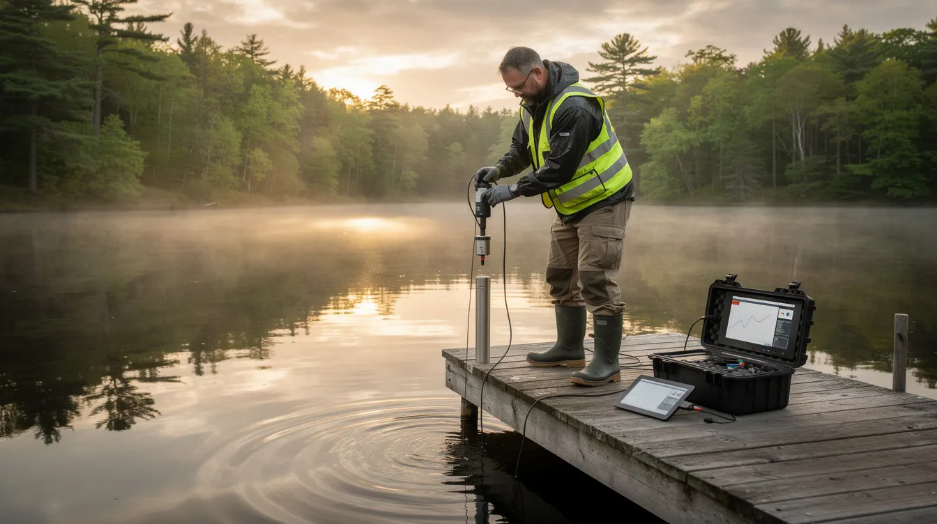 Person in a high-visibility vest collects water samples from a misty lake off a dock at sunrise.