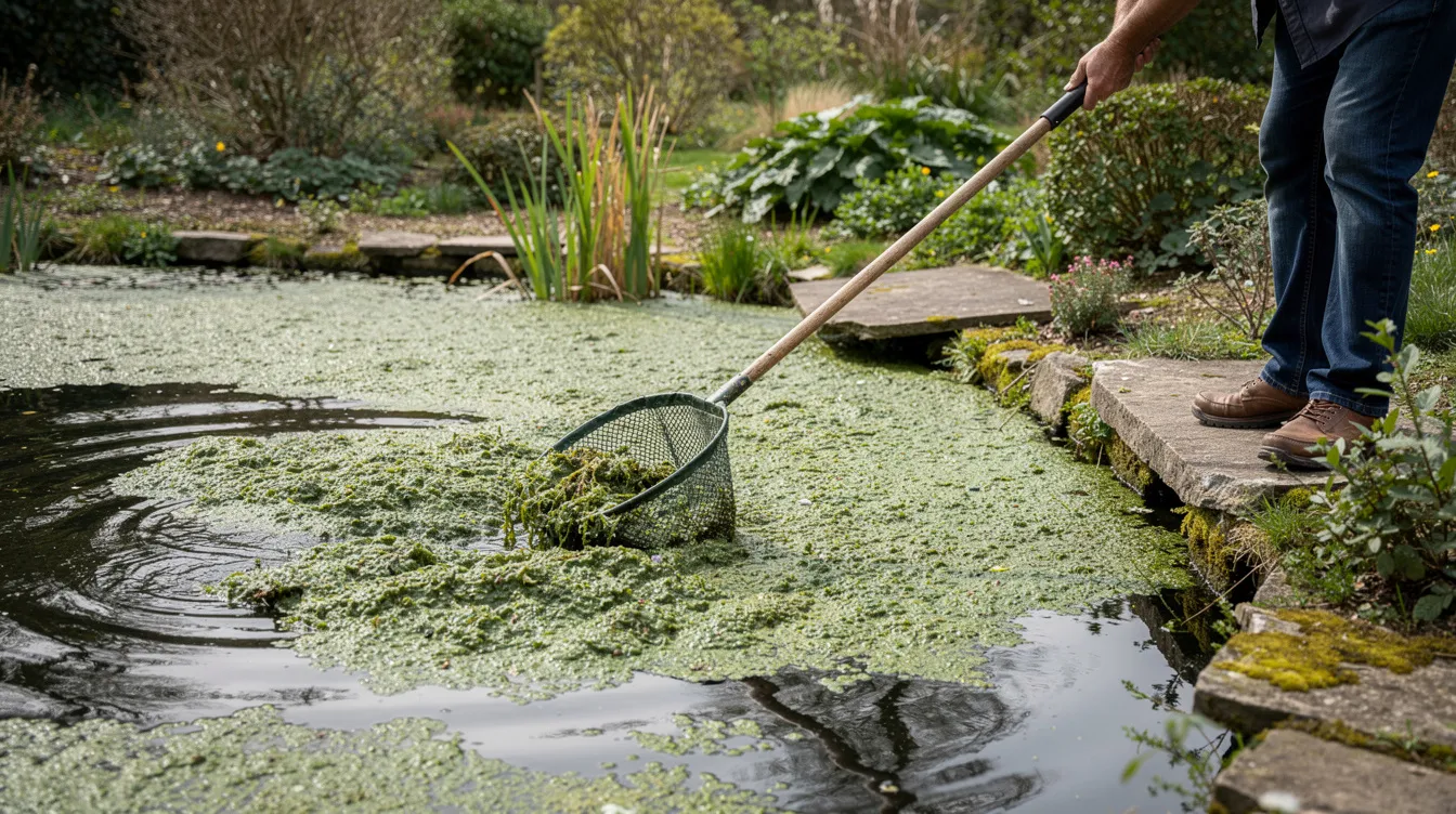 A person is using a long-handled net to skim green duckweed from the surface of a small pond, actively managing the aquatic plants to control their growth. This manual removal helps prevent oxygen depletion in the pond water, ensuring a healthier habitat for fish and other species.