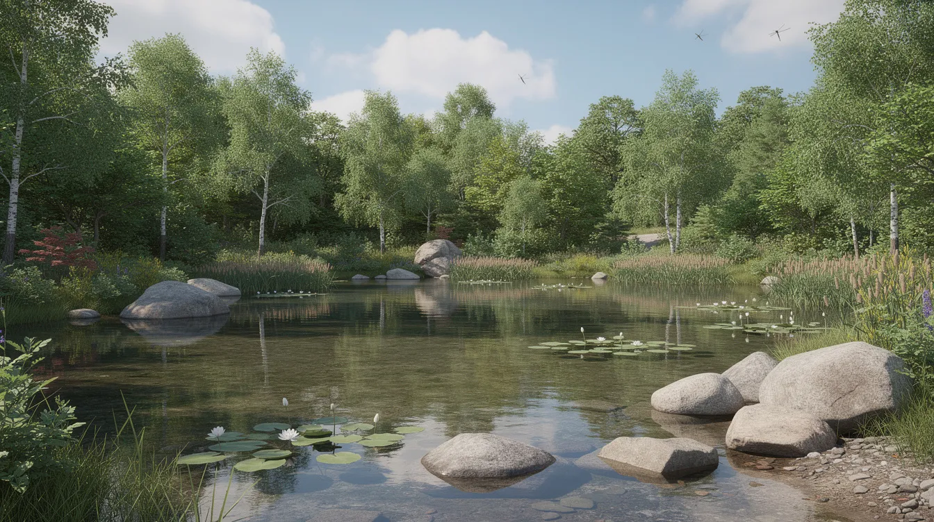 The image depicts a serene and environmentally healthy pond in New England, surrounded by lush aquatic vegetation and a diverse range of aquatic habitats. This scene highlights effective lake management practices aimed at maintaining water quality and controlling invasive species, ensuring a thriving ecosystem for local wildlife.