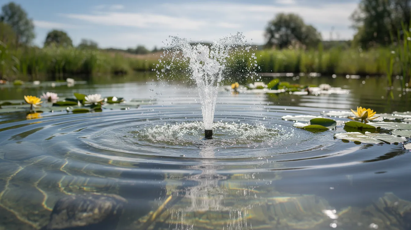 Fountain splashing in a pond with ripples, water lilies, and a blurred green shoreline in the background