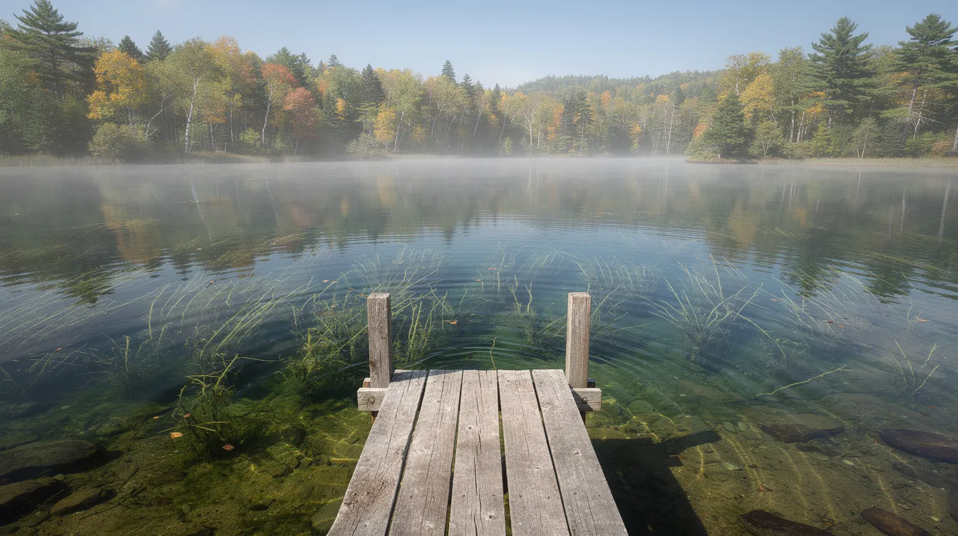 The image depicts a serene freshwater lake in the northeastern United States, featuring a wooden dock that extends over crystal-clear water, where submerged vegetation and bryozoan colonies can be seen beneath the surface. The tranquil scene highlights the natural beauty of the area, inviting viewers to appreciate the diverse aquatic life, including freshwater species and their unique growth forms.