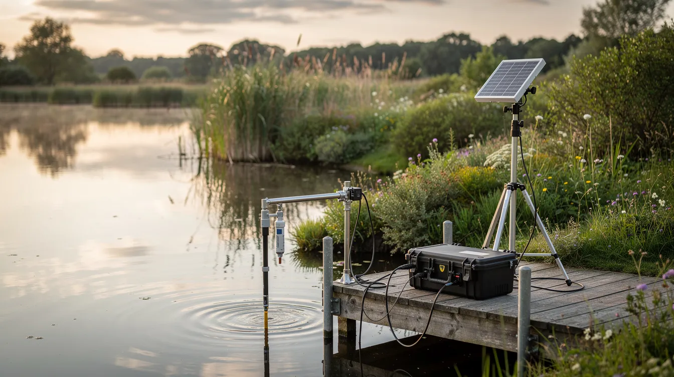 The image depicts water quality monitoring equipment set up on a dock at the edge of a tranquil pond, surrounded by native vegetation along the shoreline, highlighting the importance of pond management services for maintaining a healthy aquatic ecosystem. This scene emphasizes the role of professional lake management in ensuring optimal water quality and supporting diverse aquatic life.
