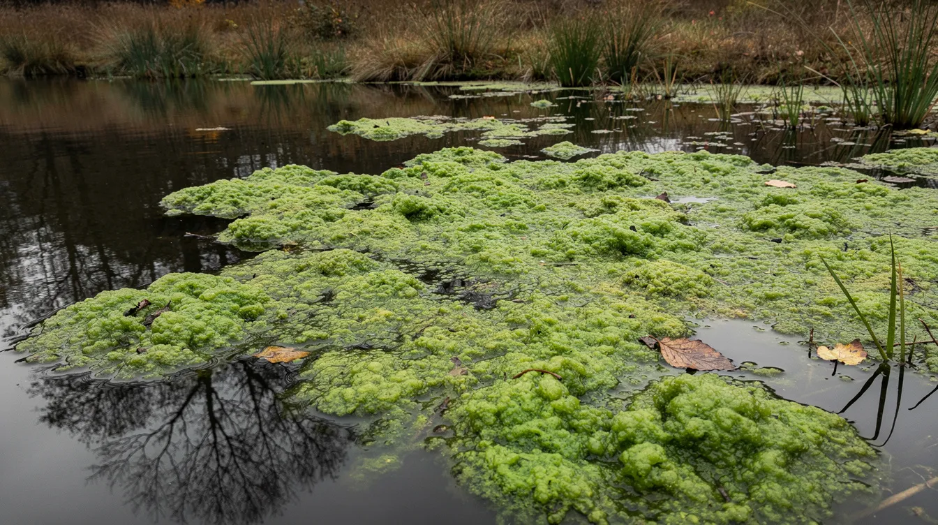 Green floating vegetation on a calm pond, with bare trees reflected in the water.