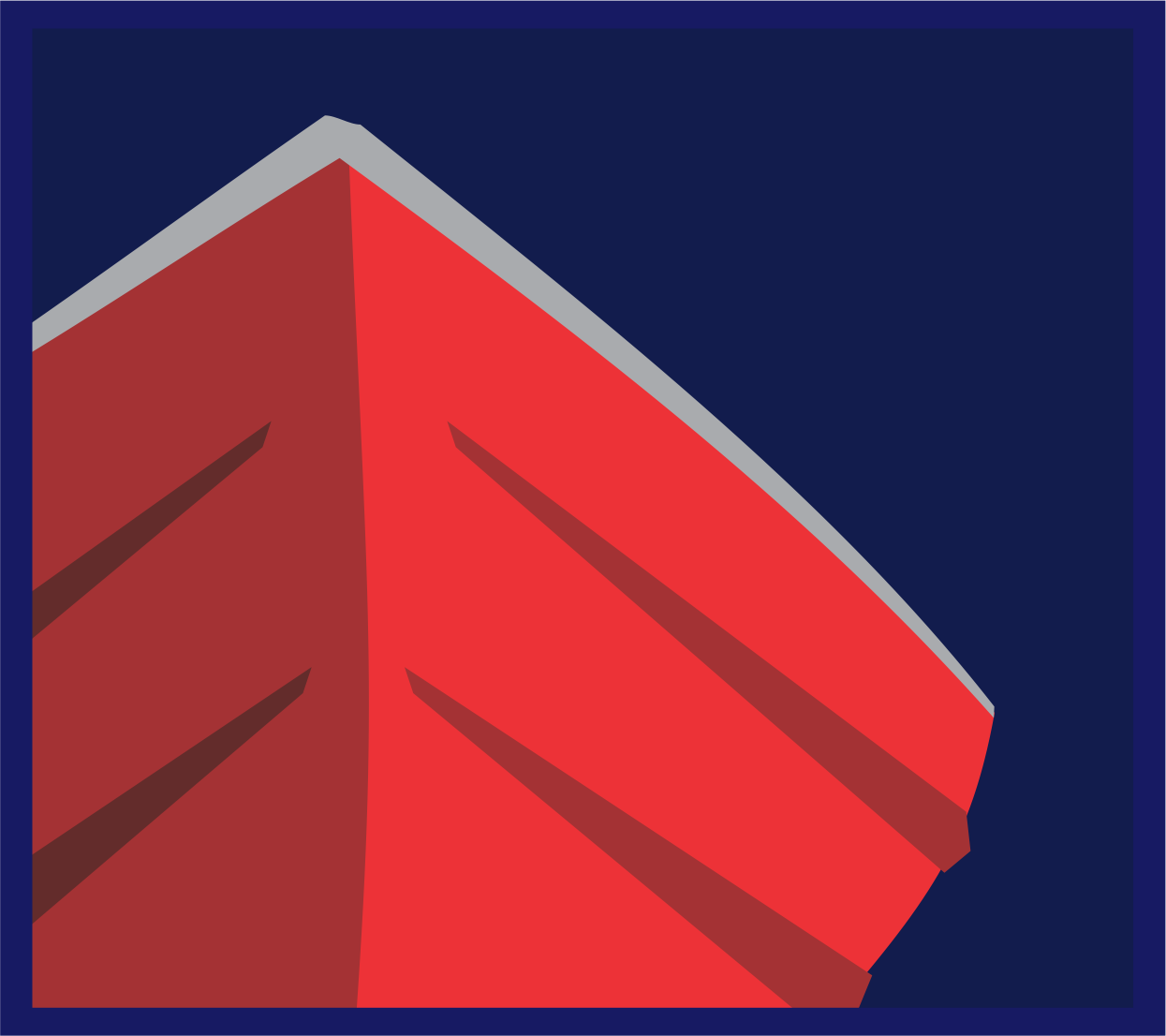 Red, angular boat on dark blue background, with grey top edge and brown detailing.