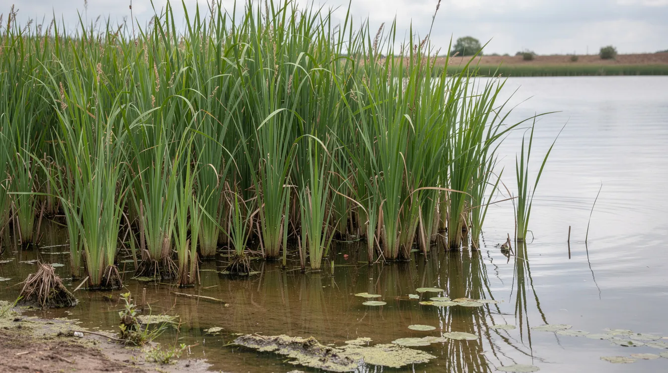 The image depicts dense emergent reeds growing along the edge of a pond, showcasing a thriving aquatic ecosystem with various aquatic plants. These reeds contribute to the pond's health by providing habitat for aquatic life and helping control erosion along the water's edge.