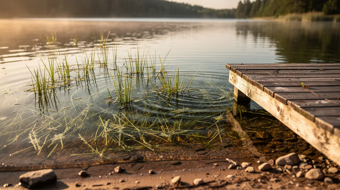 The image depicts a serene lake shoreline where aquatic vegetation, including emergent weeds and flo