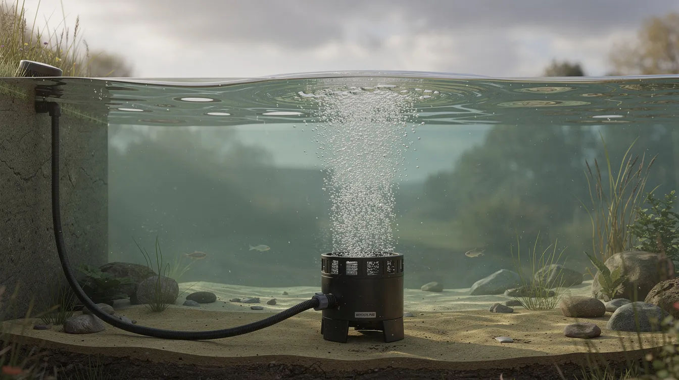 The image depicts an example submersive style aeration system in a pond