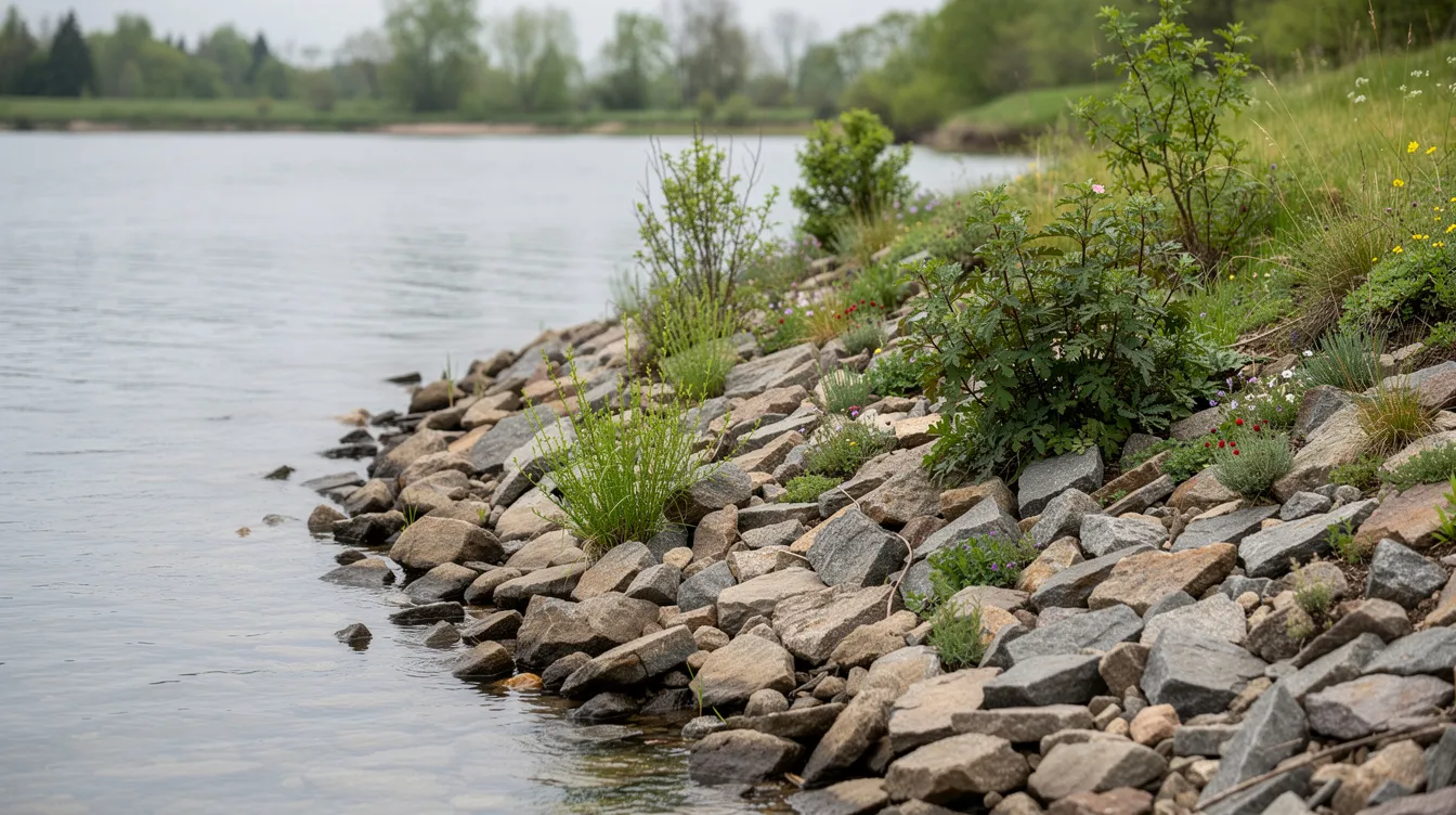 The image depicts a sloped stone riprap along an inland lake shoreline, where native shrubs and grasses grow between the rocks, providing natural vegetation that helps prevent shoreline erosion. This erosion control solution absorbs wave energy and stabilizes the soil with their root structures, contributing to the overall structural integrity of the lakeside environment.