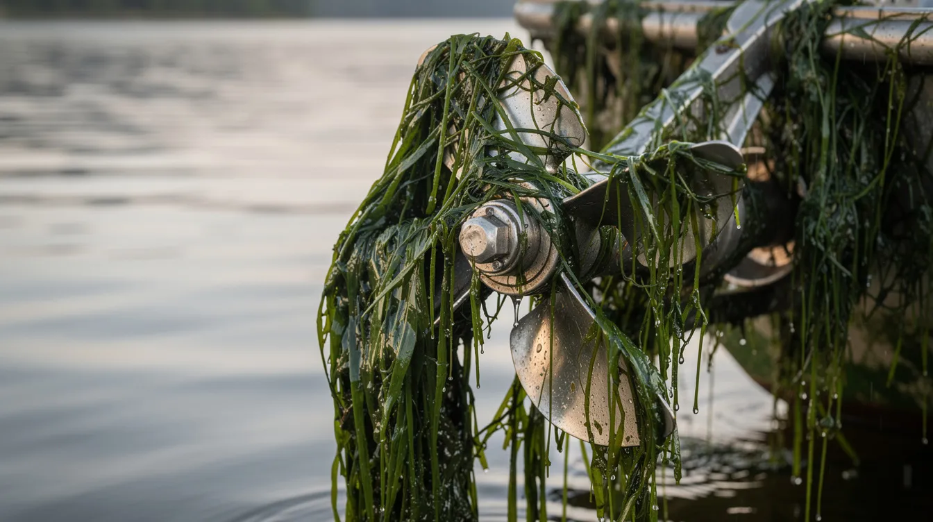Fishing lure tangled in green aquatic plants beside calm water