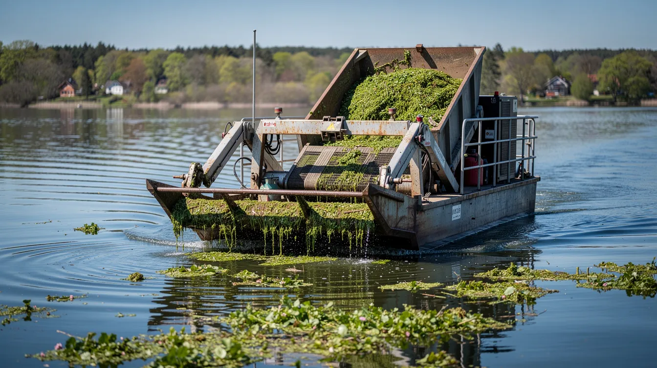 A mechanical harvester boat is actively removing aquatic vegetation from a lake, targeting invasive lake weeds and other aquatic plants. The process aids in lake weed control, ensuring better water quality for recreational activities and wildlife.