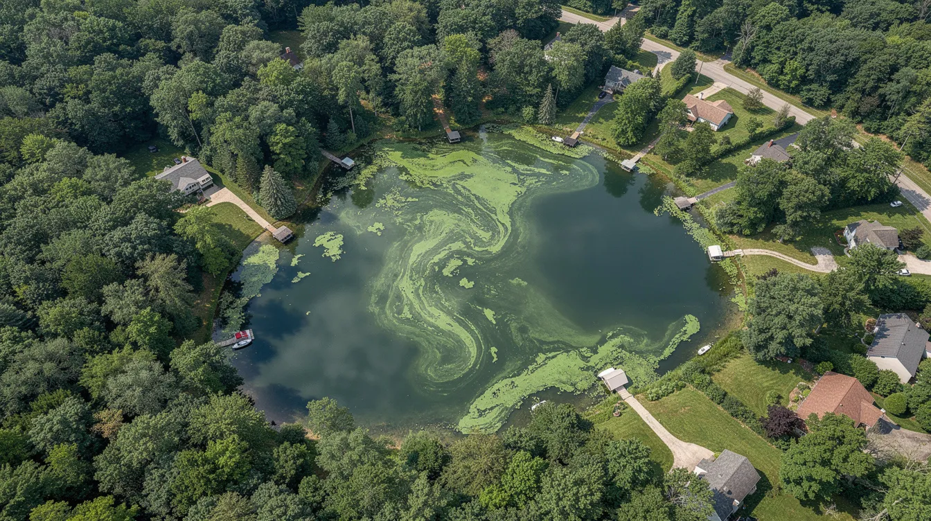 Aerial view of a green park with a pond, walking paths, and surrounding trees and houses