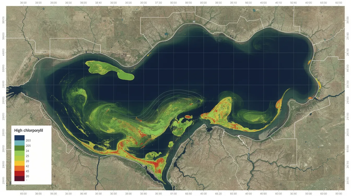 Satellite map of a lake with green-yellow-red heatmap overlays along the shoreline and a color legend