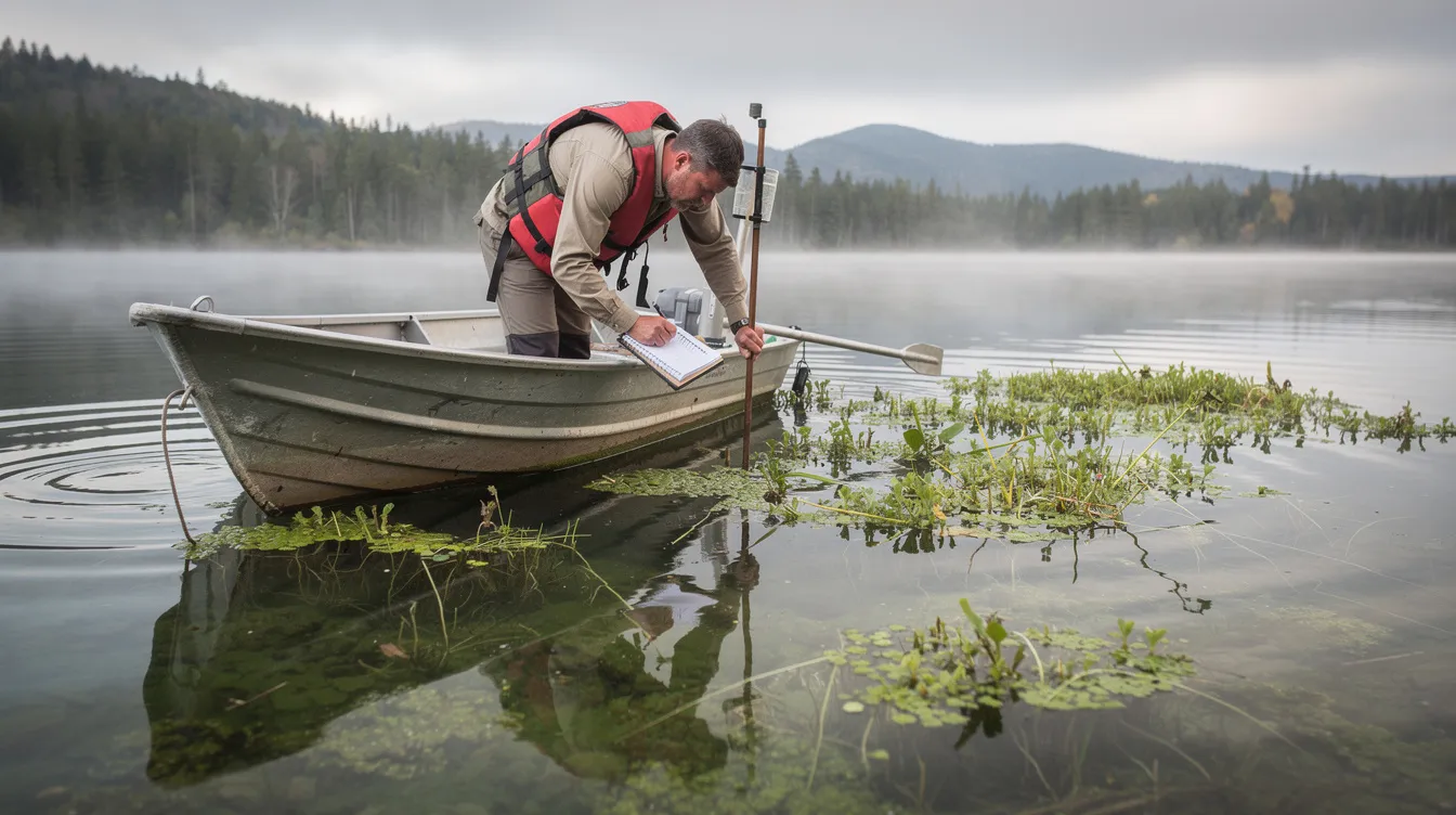 A lake manager inspects various aquatic plants from a small boat, carefully evaluating the growth of both beneficial and invasive species on the pond surface. The scene highlights the importance of aquatic vegetation in maintaining water quality and supporting aquatic ecosystems.