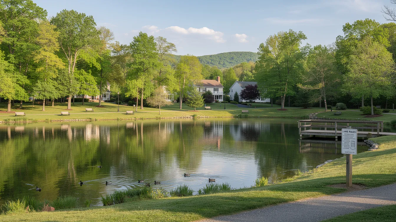 The image depicts a well-managed lake in northern New Jersey, showcasing clear, oxygen-rich water that supports aquatic life. Surface aeration systems, like floating surface aerators, enhance water quality by increasing dissolved oxygen concentration, promoting healthy ecosystems and preventing issues like thermal stratification and foul odors.