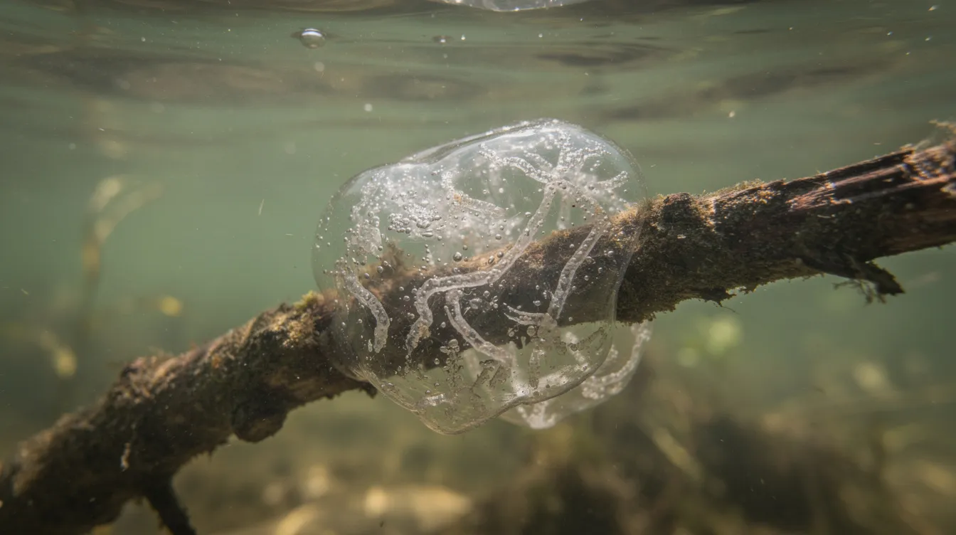 Transparent jellyfish clinging to a branch underwater in a murky stream