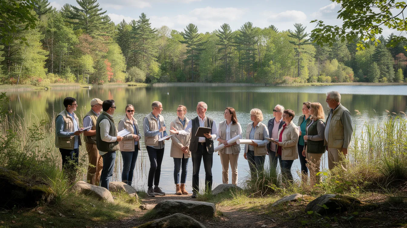 A group of lake association members stands alongside a consultant at a serene wooded shoreline, discussing innovative water management solutions to ensure water quality and sustainability. The scene reflects a collaborative effort to implement smart water technologies for effective environmental management.