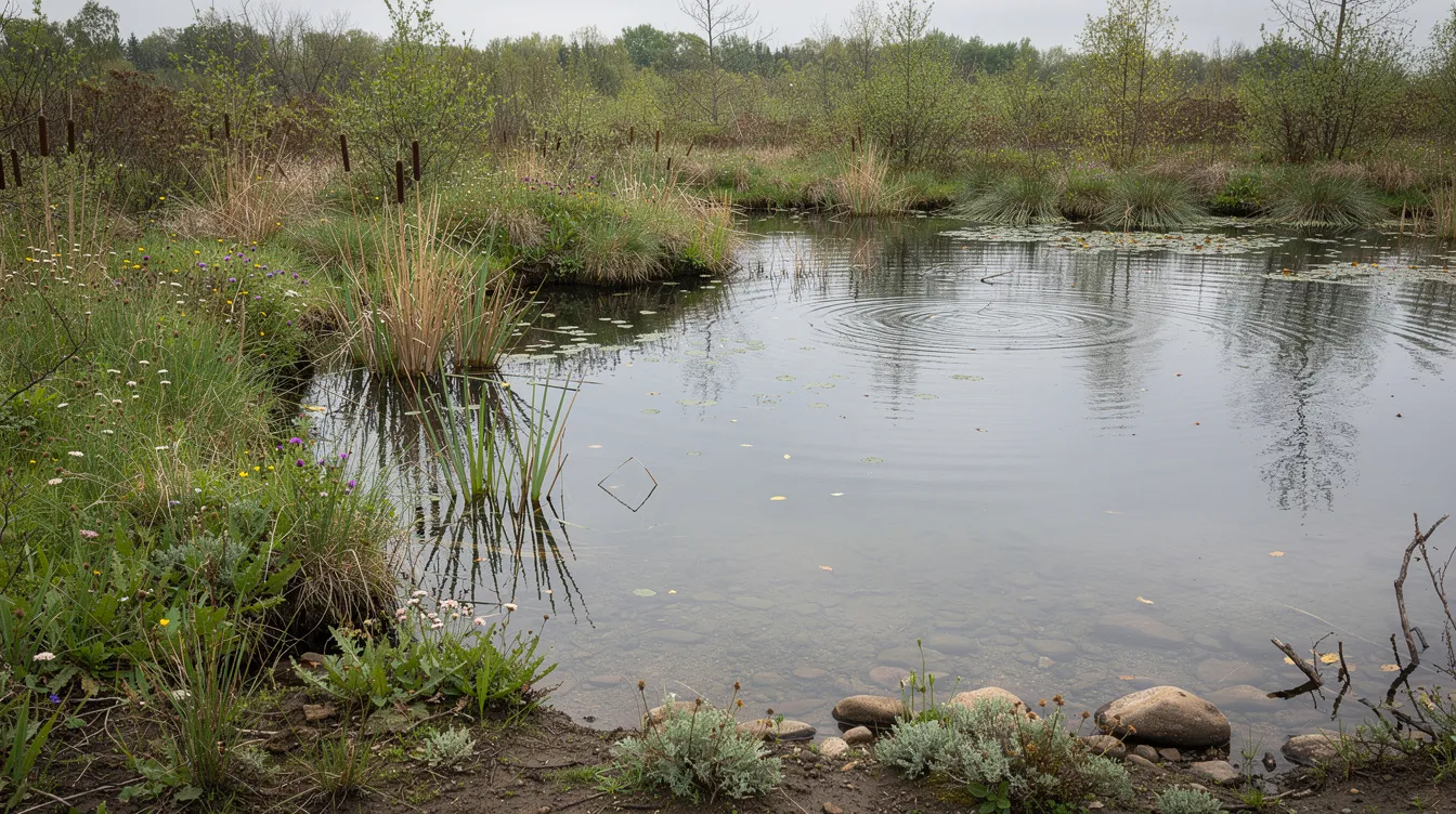 Small pond bordered by green grass and shrubs under an overcast sky