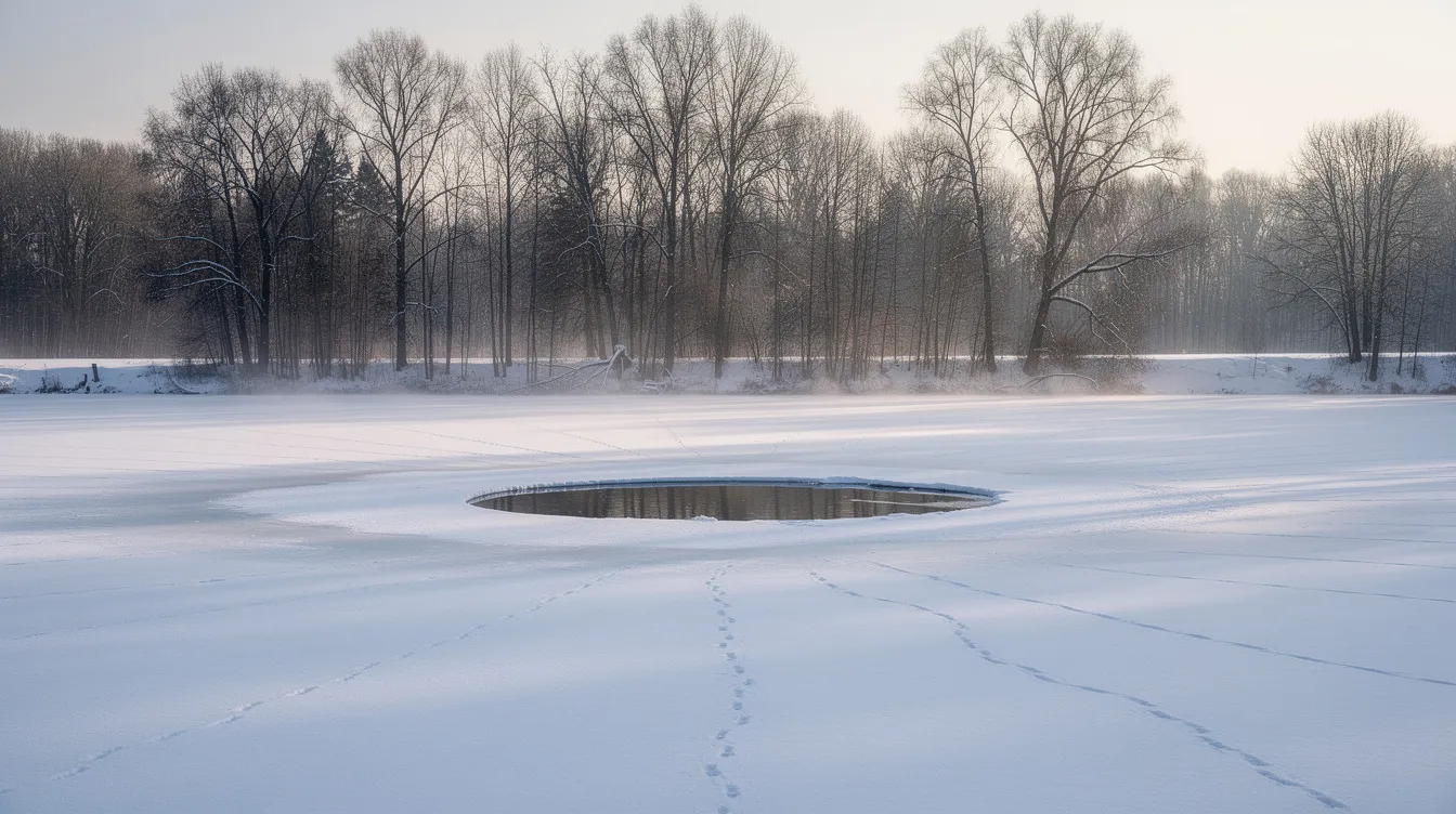 A small patch of open water surrounded by a blanket of ice and snow on a winter pond. This highlights the importance of maintaining water quality and dissolved oxygen levels for aquatic life, especially in colder months.