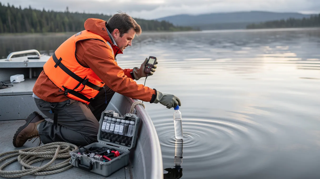 Person in orange life vest collecting water samples from a lake beside a boat