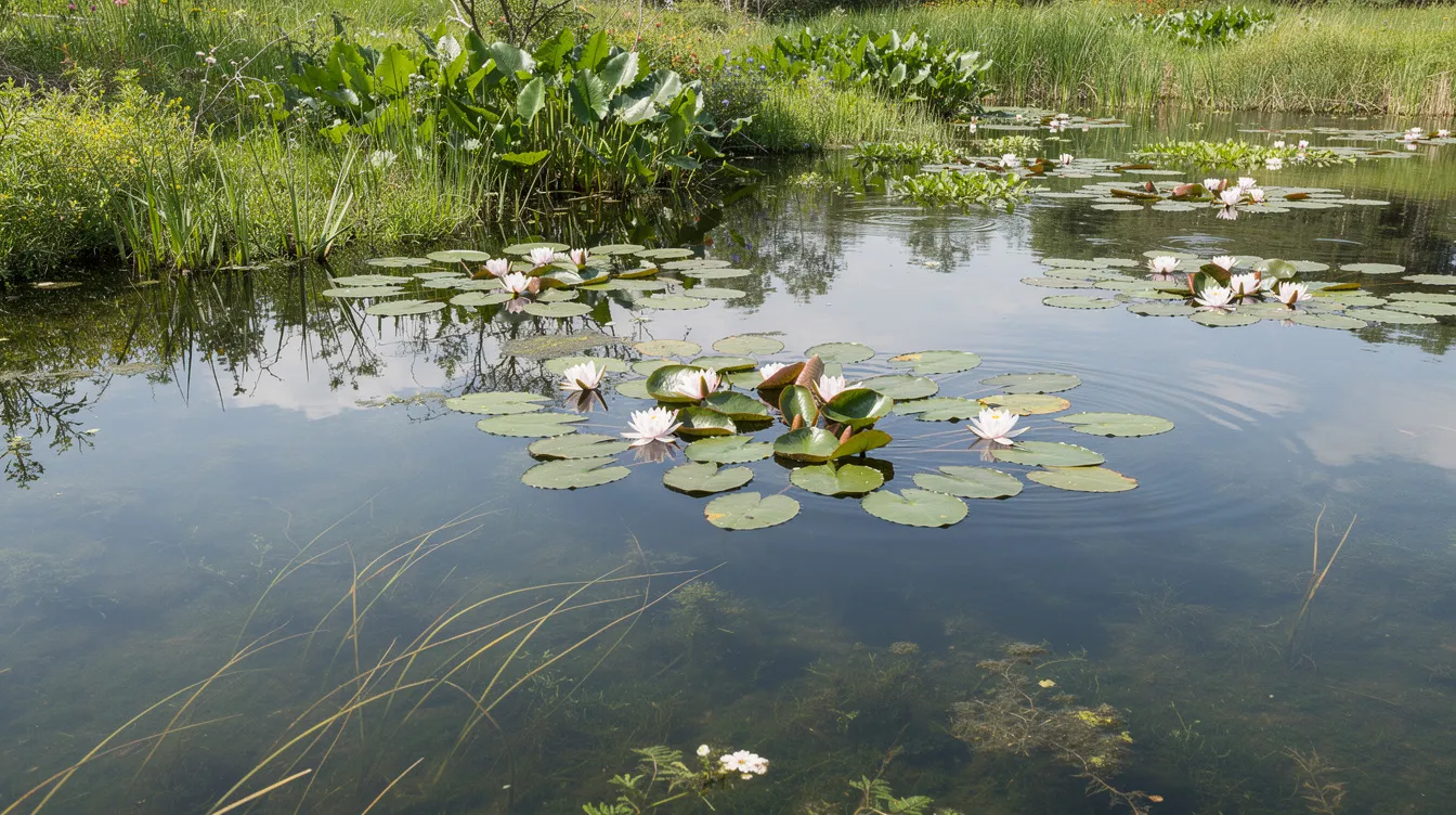 The image depicts a serene pond shoreline featuring a natural buffer of native grasses, wildflowers, and rushes, which seamlessly transition into a mowed lawn landscape. The vibrant vegetation includes pink and violet blue flowers, enhancing the visual interest while contributing to the ecosystem and water quality of the small pond.