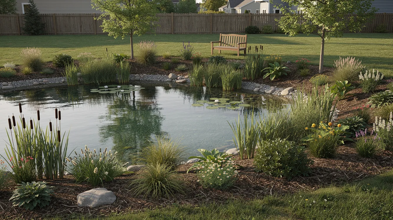 The image depicts a small residential pond surrounded by native aquatic plants, showcasing a restored shoreline that emphasizes the importance of planting native vegetation as part of effective pond management strategies. This scene highlights the significance of maintaining water quality and supporting local wildlife through sustainable lake management practices.