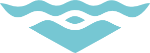 Abstract teal logo with three wavy lines above a blue diamond shape