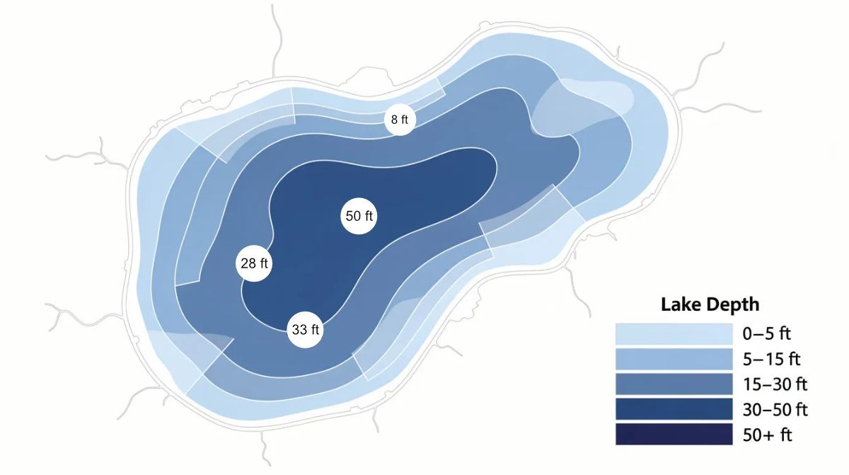 A bathymetric map of a lake, showing deepening water levels from light blue at the edges to dark blue at the center.