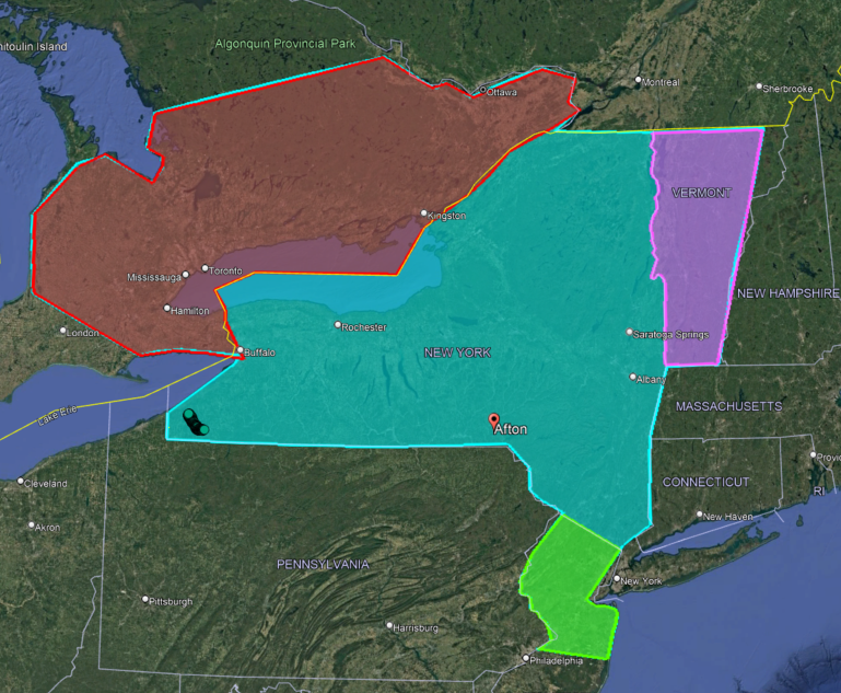 Color-coded map with three overlapping regions over New York state and surrounding areas.