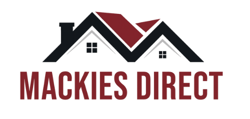 Logo with a house graphic in black and maroon over text reading