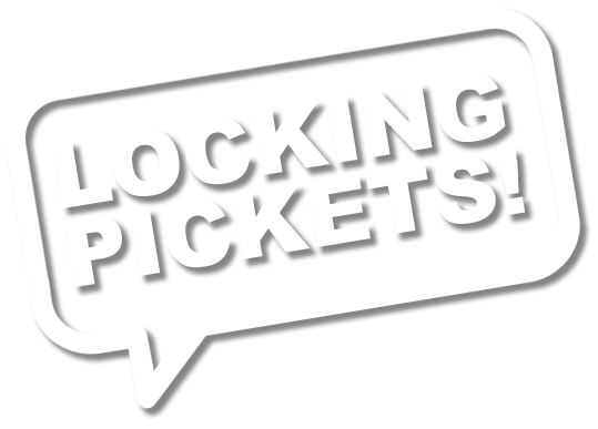 White speech-bubble logo reading “LOCKING PICKETS” in embossed gray letters